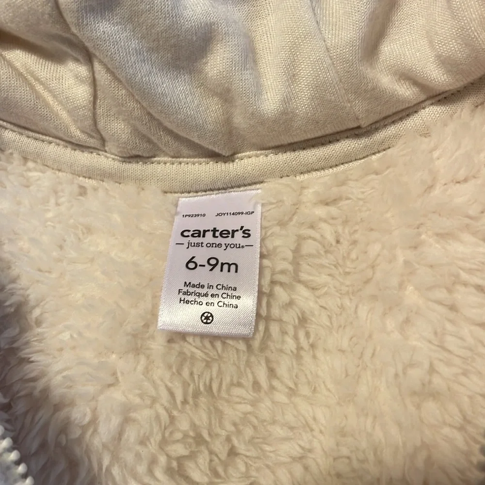 My 1st Fur~Baby Faux Fur white hooded jacket zip front size 6-9M CARTERS 💗EUC